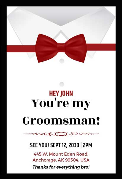 Groomsman Invitation Featuring White Shirt-Inspired Design With Red Bow Tie