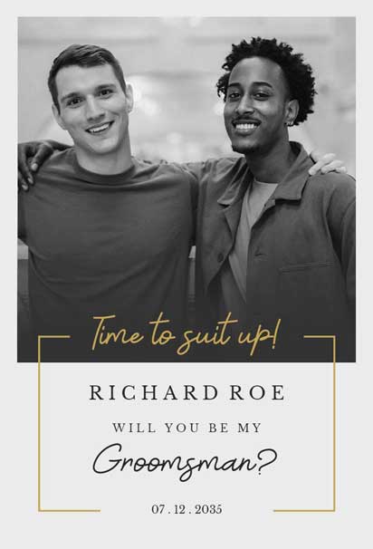 Elegant Black And Gold Groomsman Invitation With Silhouetted Duo and Refined Typography