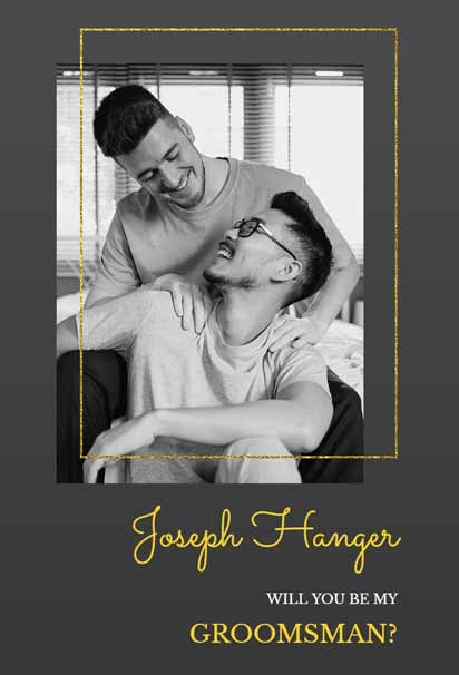 Black And White Groomsman Invitation With Gold Border Featuring Two Silhouetted Figures