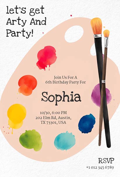Children’s Art-Themed 6th Birthday Party Invitation With Paint Splashes and Brushes