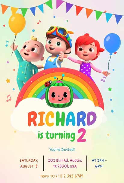 Cocomelon-Themed Kids Birthday Party Invitation Featuring Bright Colors and Cartoon Characters