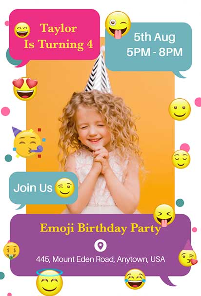 Emoji Birthday Party Invitation Featuring a Smiling Girl Surrounded by Playful Icons and Bright Chat Bubbles