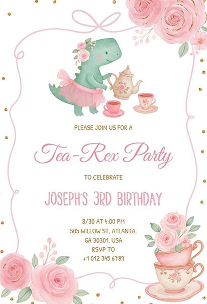 Tea-Rex Themed 3rd Birthday Invitation Featuring a Dinosaur in a Tutu with Floral Tea Party Elements
