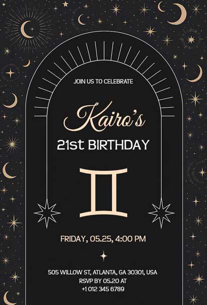 Elegant Gemini Zodiac 21st Birthday Invitation with Gold Accents and Celestial Design Elements