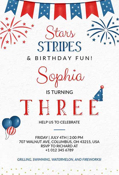 Fourth of July Birthday Invitation Featuring Stars, Stripes, Fireworks, and Red, White, and Blue Decorations