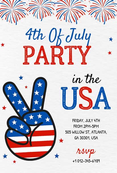 4th of July Party Invitation Featuring Peace Sign with American Flag Design and Fireworks Illustration