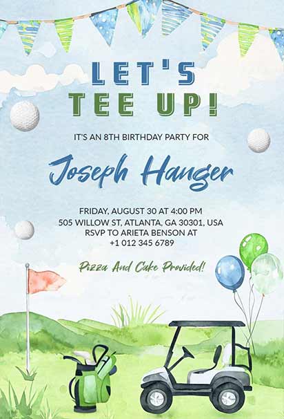 Golf-Themed 8th Birthday Party Invitation Featuring Greens, Golf Balls, and Sporty Design Elements