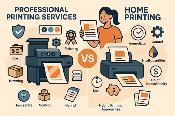Comparison Between Professional Printing Services and Home Printing Highlighting Cost, Quality, Speed, and Control