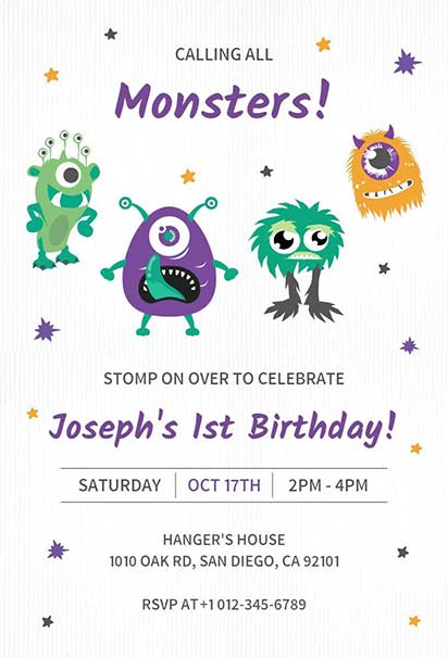 Colorful Monster-Themed 1st Birthday Invitation Featuring Cute Cartoon Creatures and Party Details