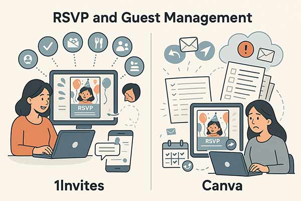 RSVP and Guest Management Comparison Between 1Invites and Canva Highlighting Ease of Use