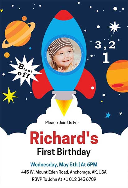 Spacecraft Birthday Invitation Featuring Rockets, Stars, and a Galactic-Themed Design for Young Space Enthusiasts