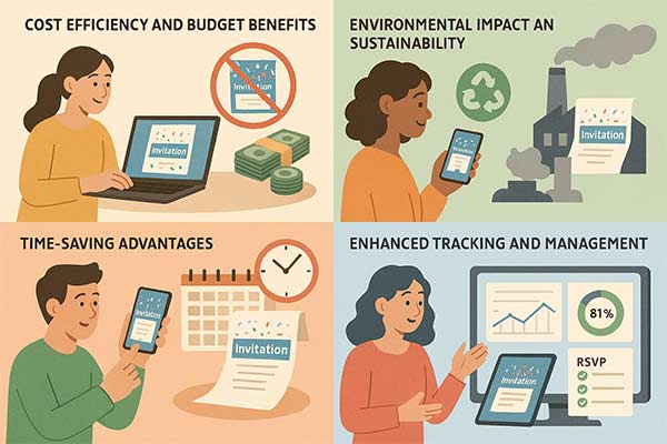 Benefits of Digital Invitations Including Cost Savings, Eco-Friendliness, Time Efficiency, and RSVP Tracking
