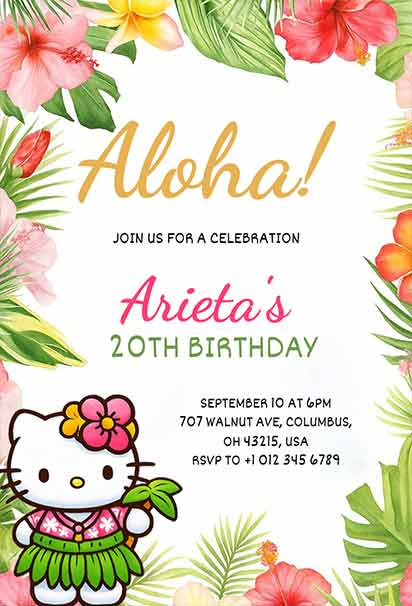 Hawaiian-Themed Birthday Invitation Featuring Hello Kitty in Hula Outfit and Tropical Floral Border