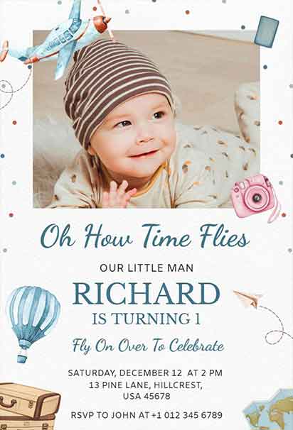 Air Travel Themed First Birthday Invitation Featuring Airplanes, Clouds, and Passport-Style Design Elements