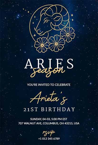 Aries Zodiac Birthday Invitation With Starry Night Background and Golden Ram Illustration