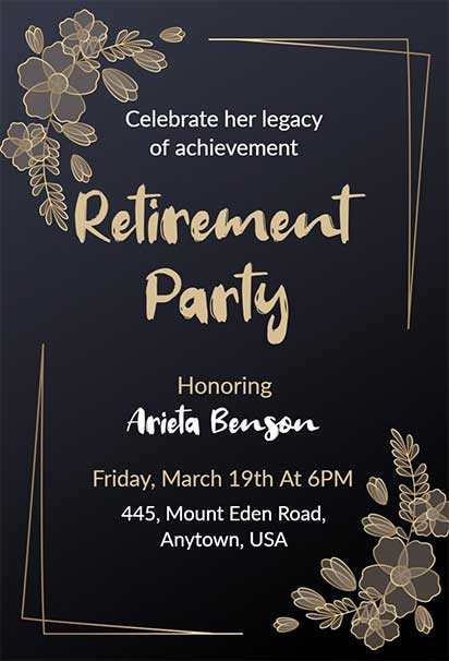 Formal Retirement Design With Black and Gold Color Scheme and Elegant Floral Motifs