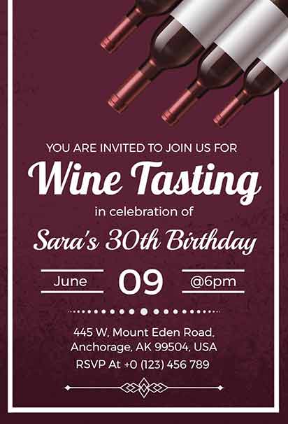 Wine Tasting Birthday Invitation With Burgundy Background and Overhead View of Wine Bottles