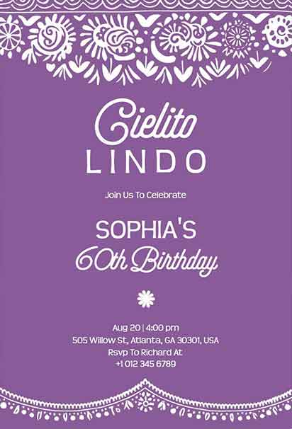 Purple Mexican Fiesta Birthday Invitation With Floral Papel Picado Border and Elegant Typography