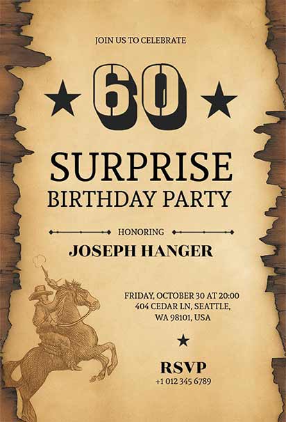 Western Cowboy-Themed 60th Birthday Invitation With Burnt Paper Effect and Rodeo Illustration