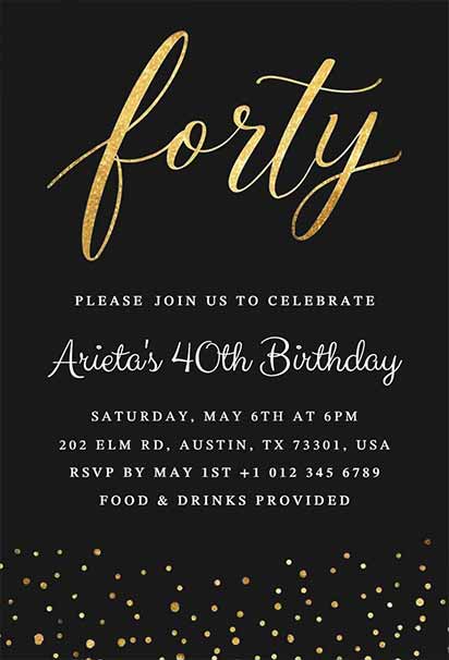 Elegant 40th Birthday Invitation With Gold Script Typography and Black Background With Confetti Accents