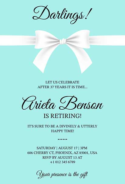 Elegant Tiffany-Themed Retirement Invitation Template with White Ribbon Charm