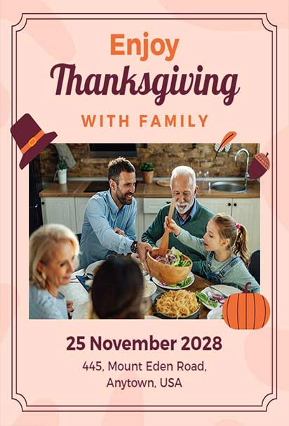 Enjoy Thanksgiving With Family Flyer Featuring Warm Colors and Cozy Dinner Illustration
