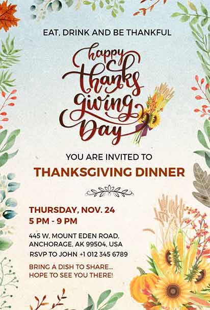 Happy Thanksgiving Invitation Featuring Festive Elements and Free Digital Sharing Option