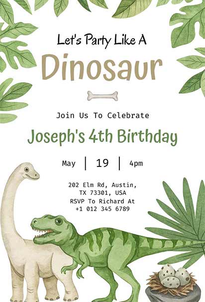 Dinosaur-Themed Kids Birthday Invitation With Leafy Borders and Cartoon Dinosaurs