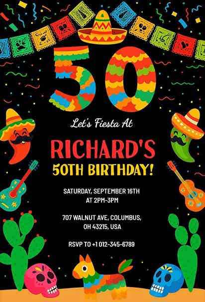 Mexican Fiesta Birthday Invitation With Colorful Sombreros, Maracas, Cacti, and Papel Picado Decorations