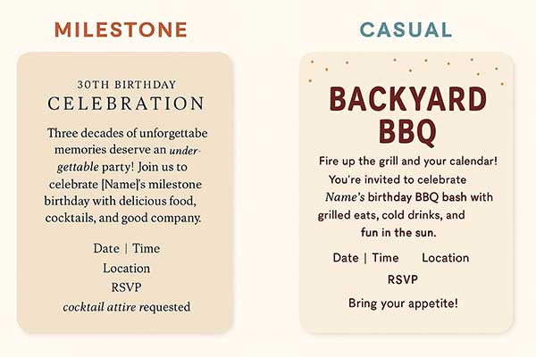 Milestone and Casual Birthday Invitation Wording Examples for Adults Featuring Formal and Lighthearted Tones