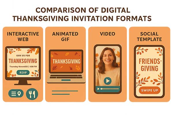 Most Popular Digital Thanksgiving Invitation Formats Showcasing Email, Social Media, and Messaging App Designs