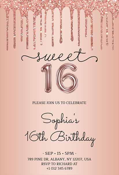 Sweet 16 Birthday Invitation With Rose Gold Glitter Drips and Metallic Balloon Numbers