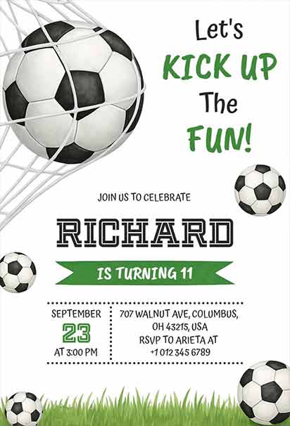 Soccer-Themed Birthday Invitation Featuring Black and White Balls, Goal Net, and Green Grass Accents