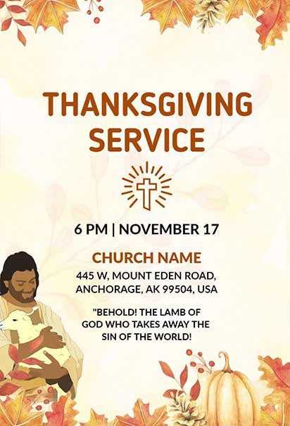 Elegant Thanksgiving Church Service Invitation Featuring Fall-Themed Elements and Classic Typography