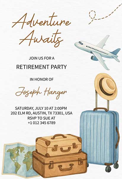 Travel-Inspired Design Featuring Globe, Luggage, and Airplane for a Retirement Invitation