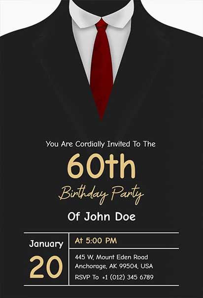 Tux and Red Tie 60th Birthday Invitation Featuring Formal Attire Graphics and Sophisticated Design Elements