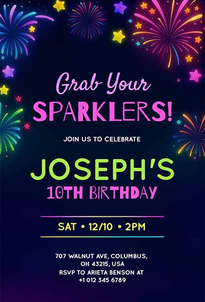 Neon Fireworks Birthday Invitation With Colorful Sparkler Theme and Festive Night Sky Background