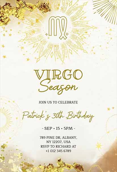 Virgo Zodiac Birthday Invitation With Gold Sunburst Design and Elegant White Background