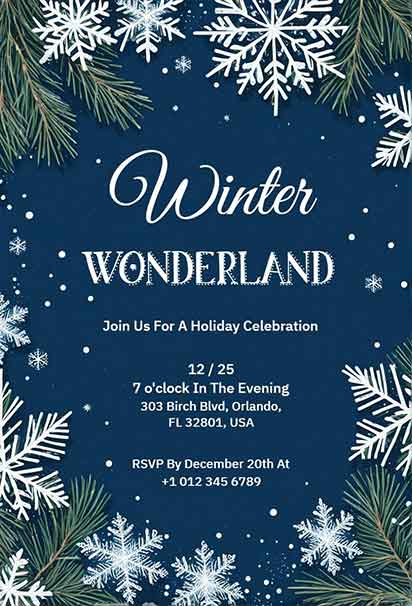 Winter Wonderland Holiday Invitation With Snowflakes, Pine Branches, and Dark Blue Background