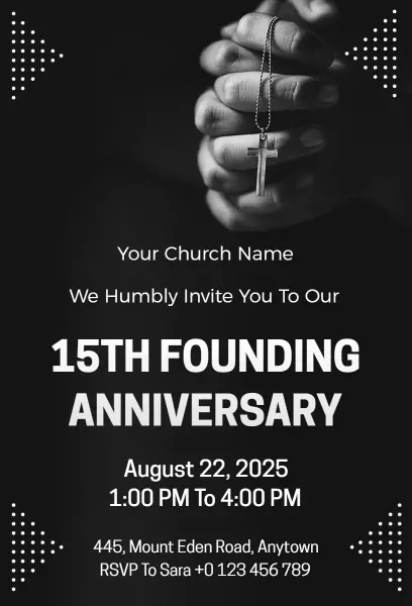 15th Church Founding Anniversary black-and-white church invitation template