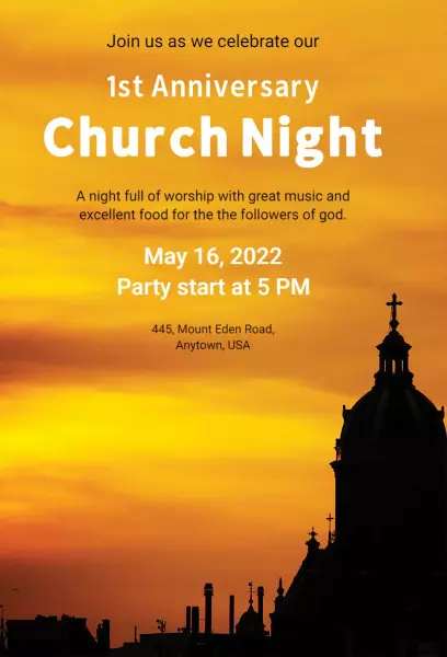 1st Anniversary Church Night golden sunset church invitation template