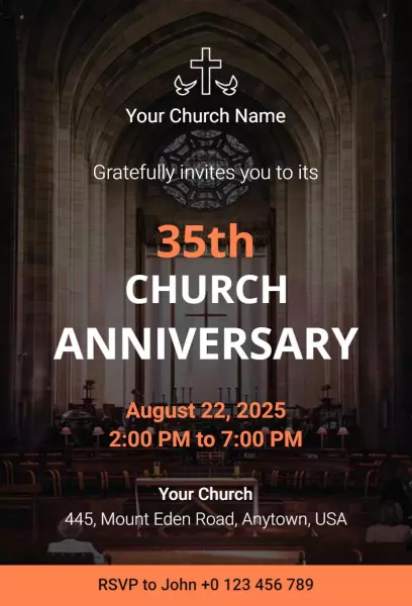 35th Church Anniversary cathedral interior church invitation template