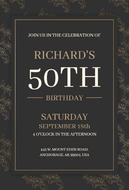 50th birthday formal invitation template with gold ornamental design