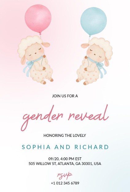 Cute twin sheep holding pink and blue balloons on a minimalist gender reveal invitation