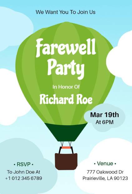 Hot-air balloon cloud invitation template for farewell party
