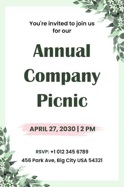 Minimal annual company picnic invitation template with green leaves