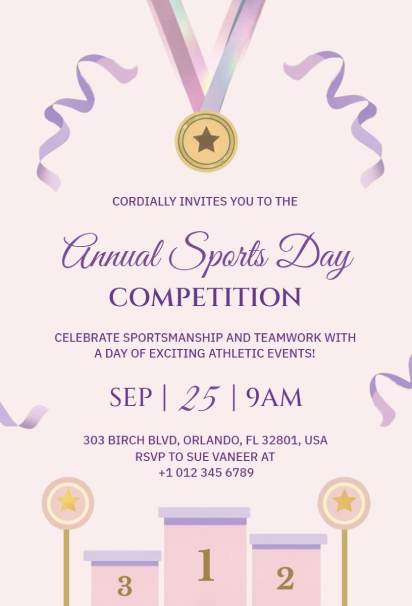 Annual sports day competition sports invitation template with medal and podium
