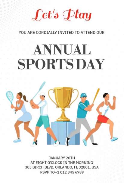 Annual sports day sports invitation template with athletes and golden trophy