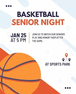 basketball senior night invitation template with bold orange and navy graphics