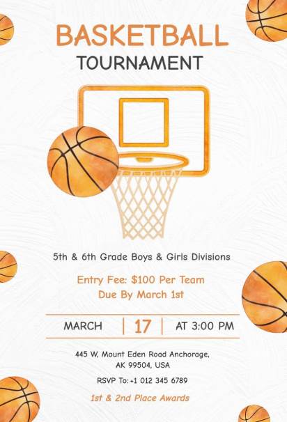 Basketball sports invitation template with hoop and ball on white background